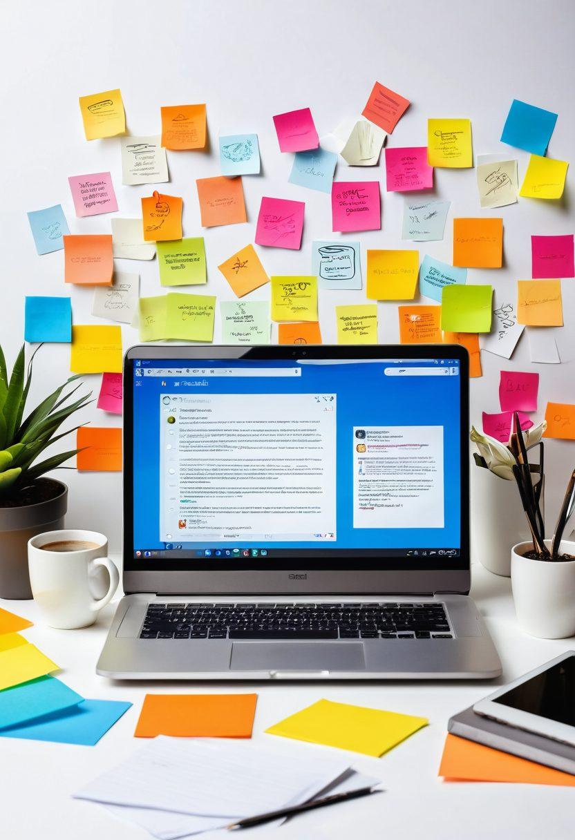 A creative workspace displaying a laptop with a captivating blog post on the screen, surrounded by colorful sticky notes filled with ideas and a cup of coffee. Playful digital elements like icons of social media, engagement metrics, and a light bulb symbol representing creativity hover in the air. The atmosphere is bright and energizing, reflecting the vibrant spirit of digital content creation. super-realistic. vibrant colors. white background.