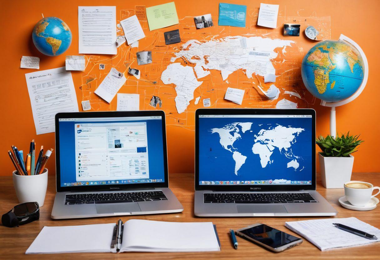 A dynamic workspace featuring a laptop with a vibrant blog interface, scattered notes, and coffee, symbolizing the transition from traditional blogging to digital journalism. Include elements representing technology and media, like a digital camera and voice recorder, intertwined with imagery of a globe to signify global outreach. The scene is bustling with creativity and innovation. super-realistic. vibrant colors. white background.