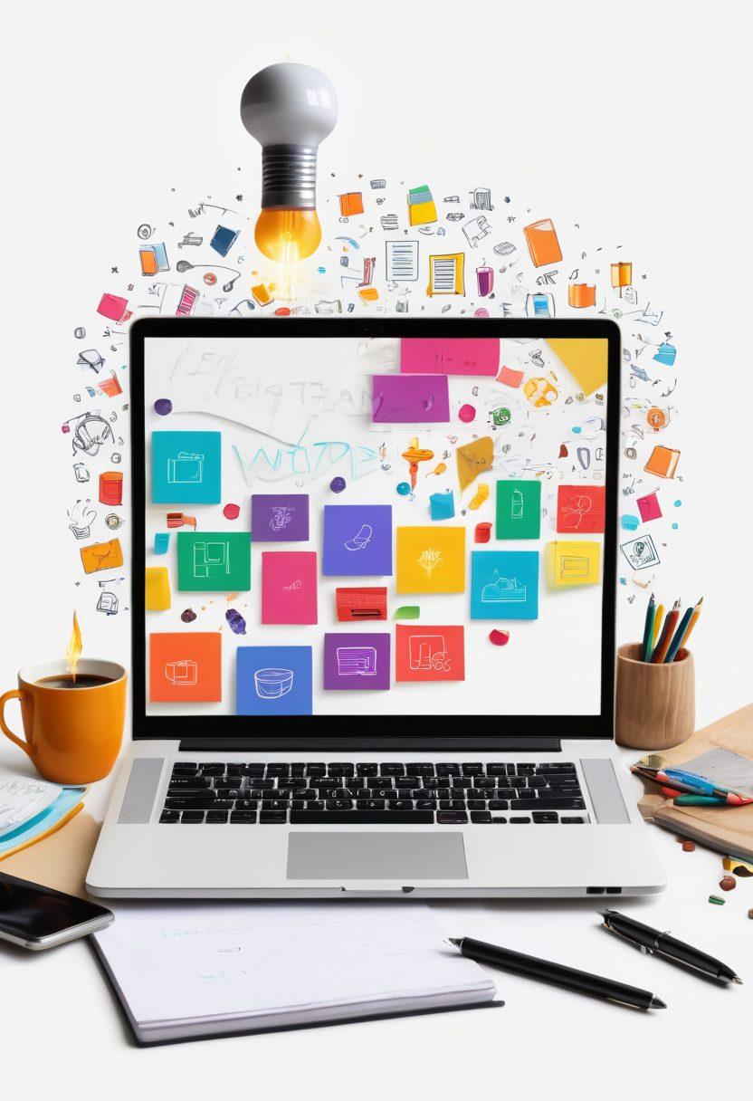 An open laptop displaying a vibrant digital workspace with colorful content blocks and writing tools scattered around. A light bulb symbolizes creativity above the screen, while sparks of inspiration float in the air. Include elements like coffee cups, books, and a notepad to evoke a sense of productive ambiance. super-realistic. vibrant colors. white background.